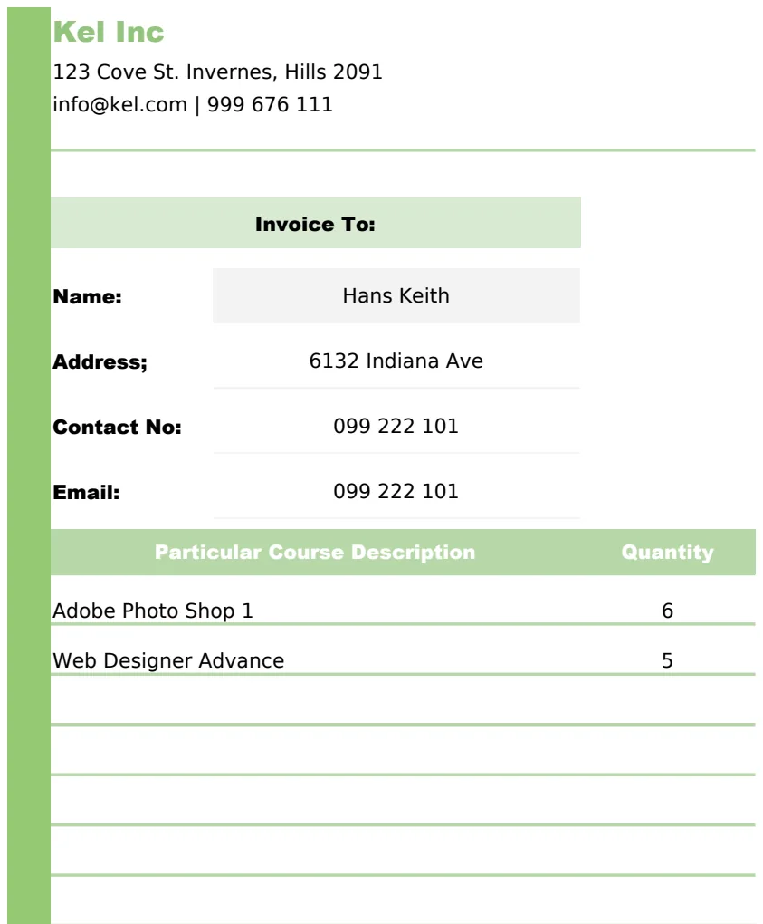 Training Invoice Template preview