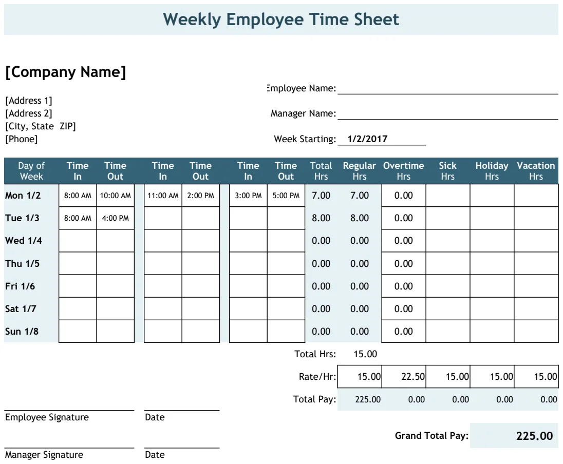 Employee Timesheet with 2 Breaks preview