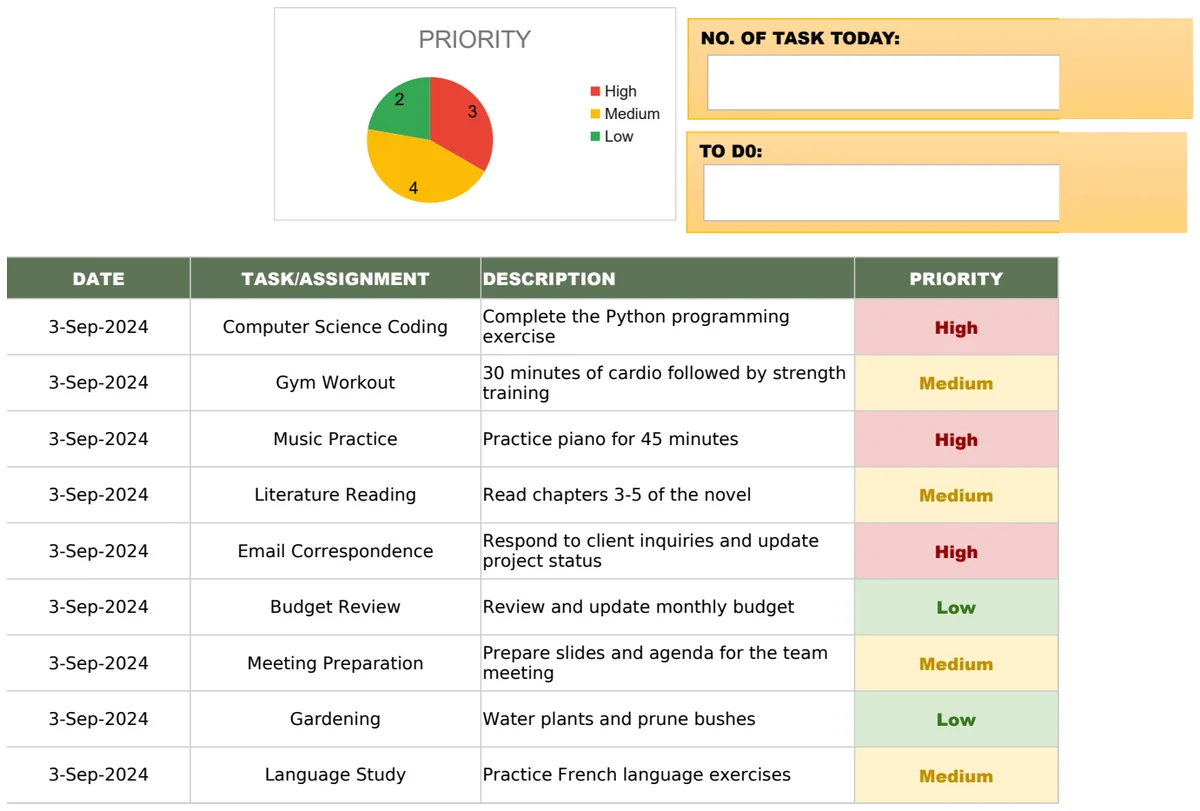 Daily Assignment Excel Template preview