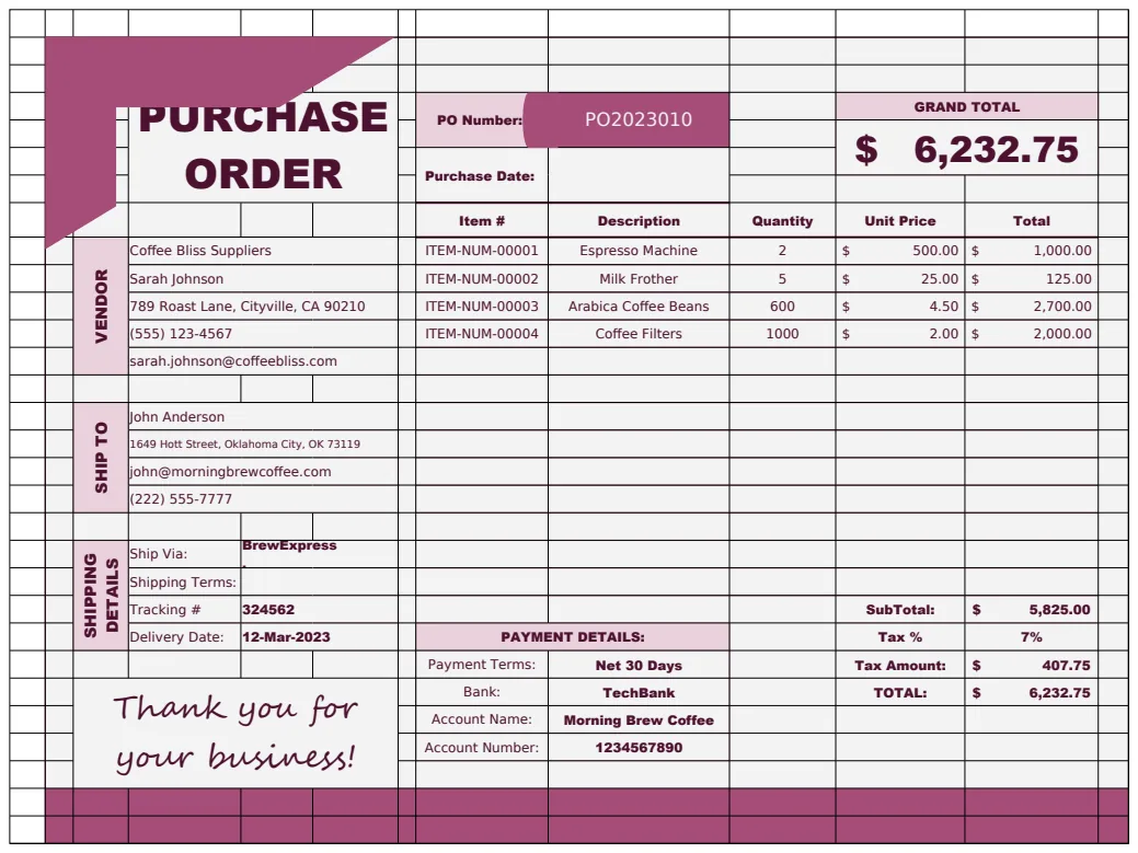 Editable Purchase Order Template preview