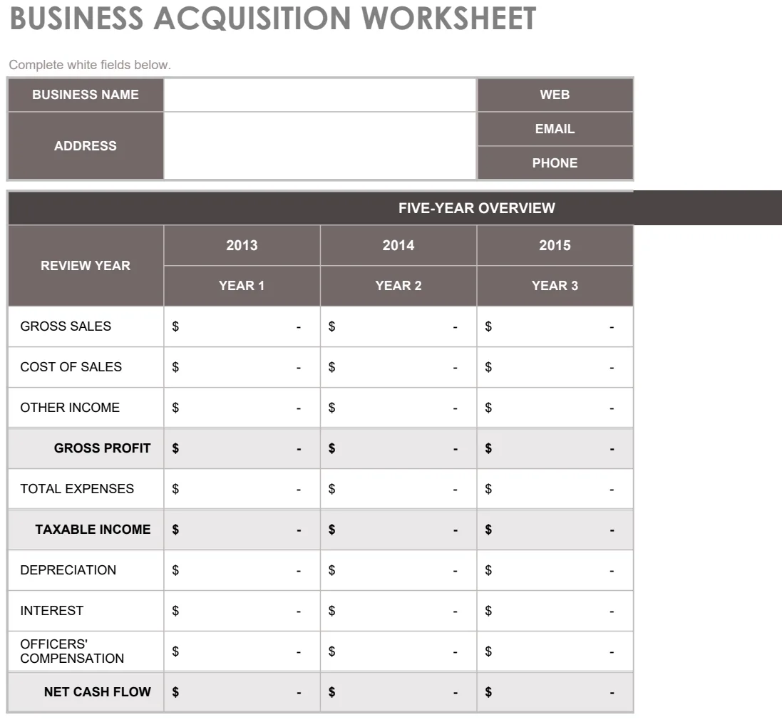 IC Business Acquisition Worksheet Template preview