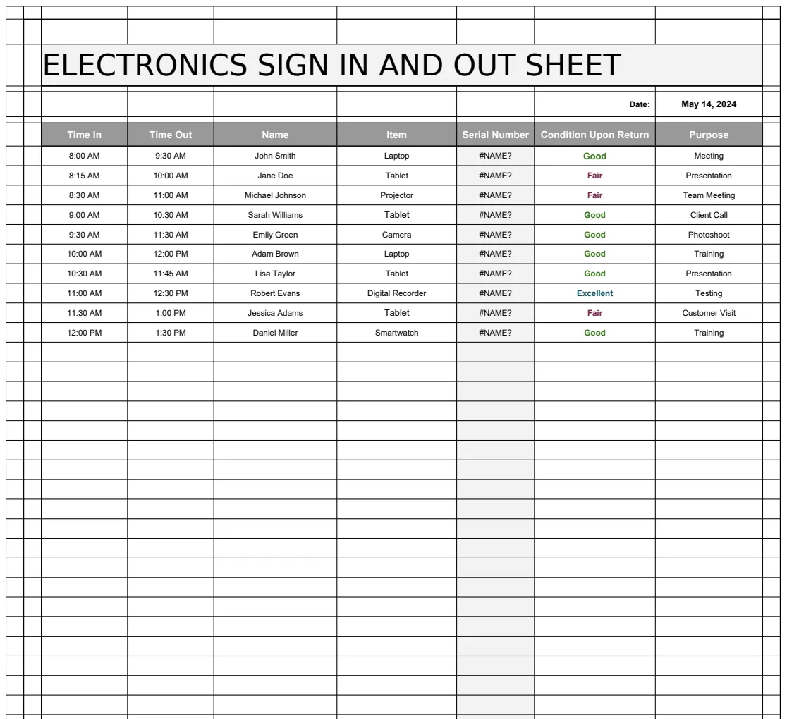 Electronics Sign In and Out Sheet Template preview