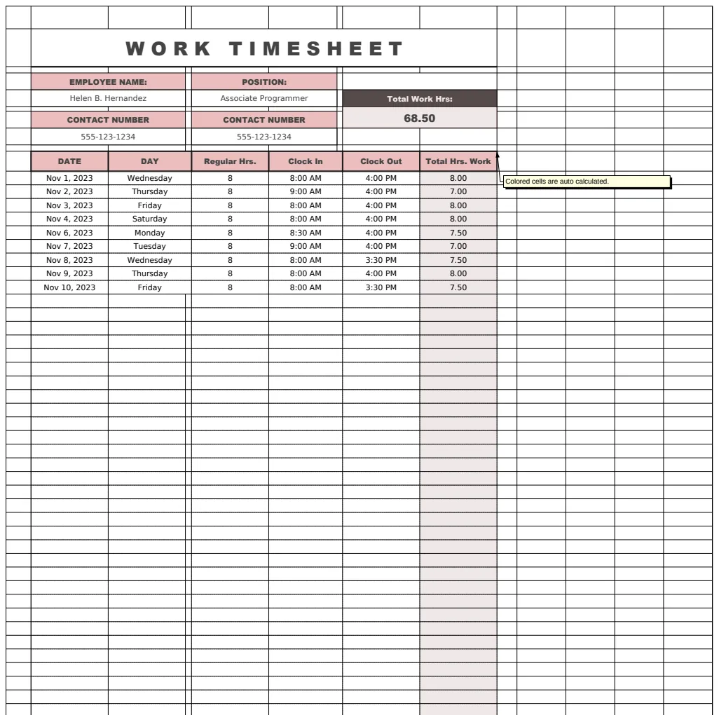 Work Timesheet Template preview