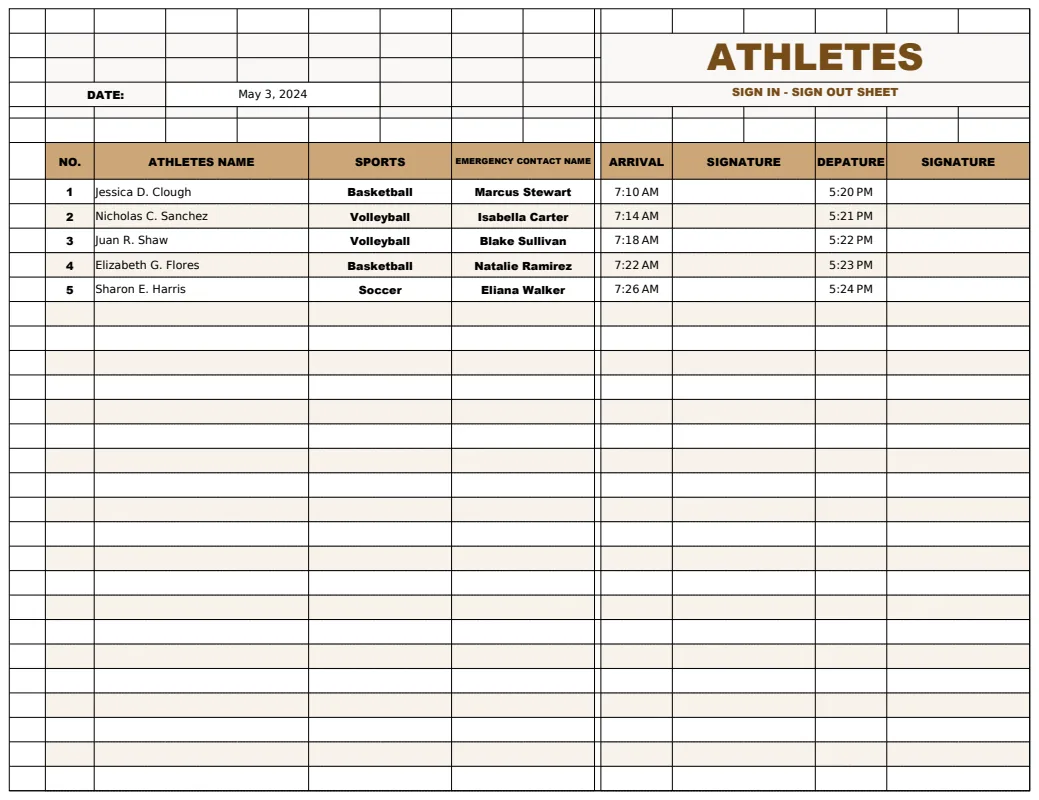 Sign In Sign Out Sheet Template For Athletes preview