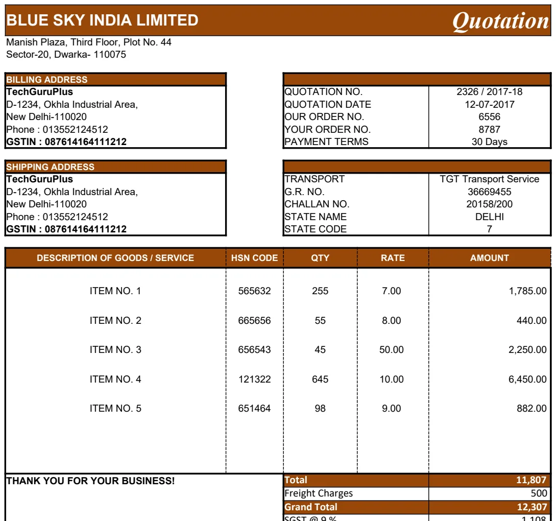 Blue Sky India Limited Quotation Format preview