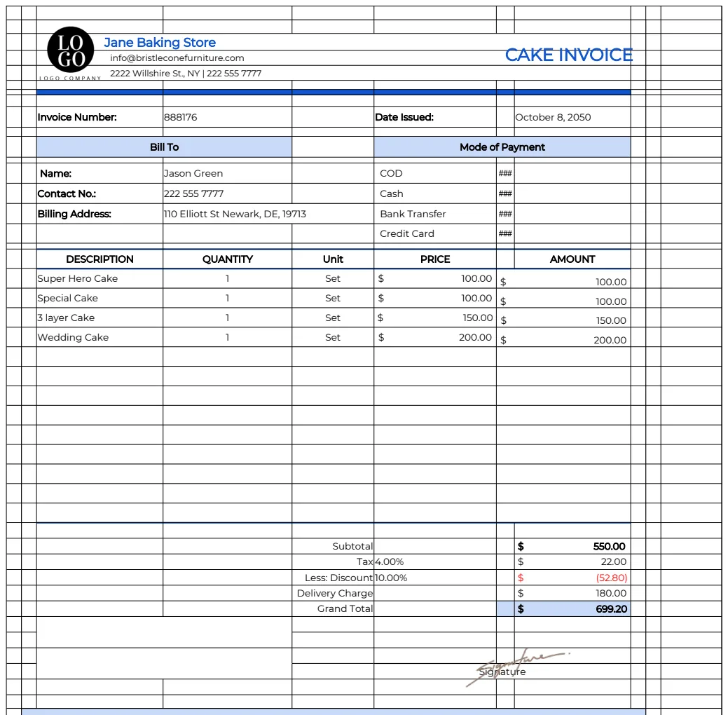 Cake Invoice Template preview