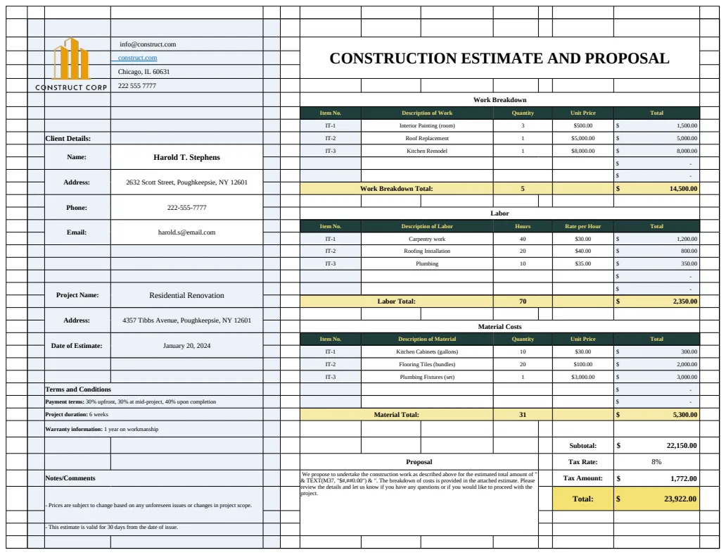Construction Estimate and Proposal Template template preview