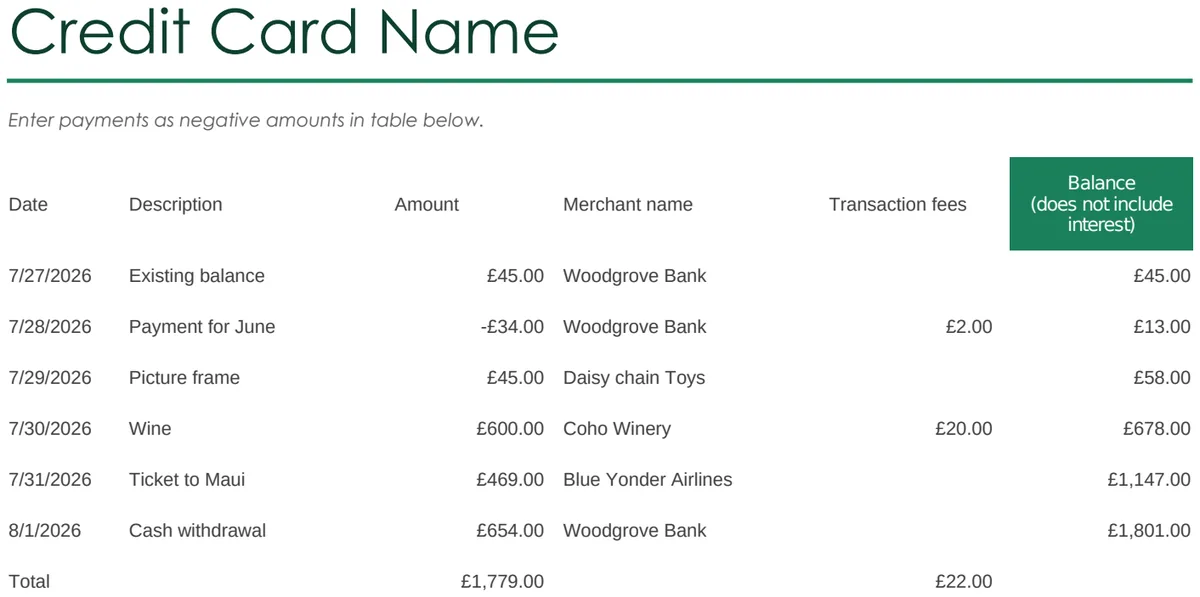 Credit Card Log preview