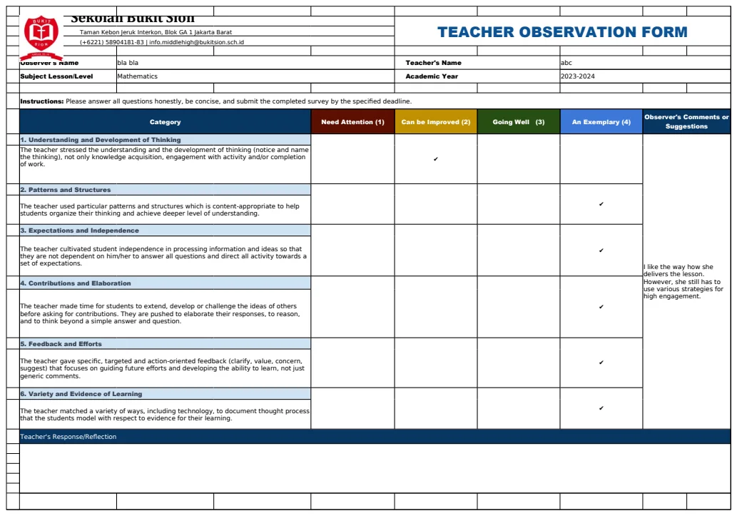 Teacher Evaluation Form Template preview