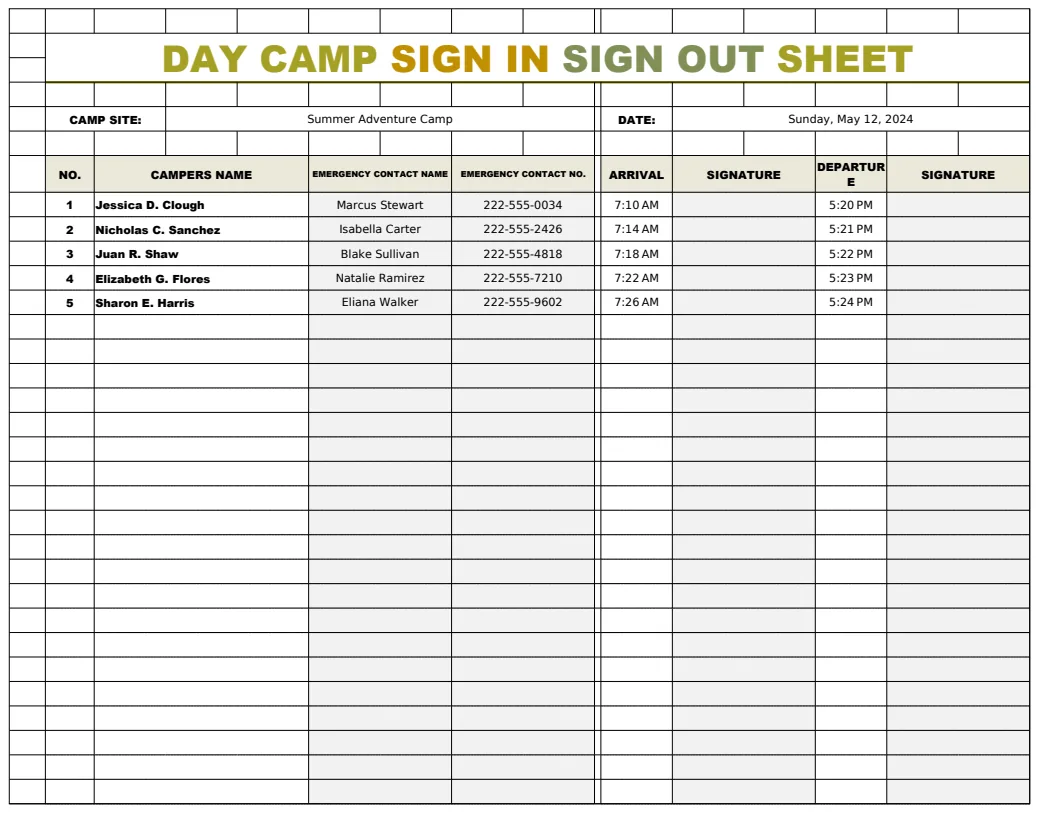 Day Camp Sign In Sign Out Sheet Template preview