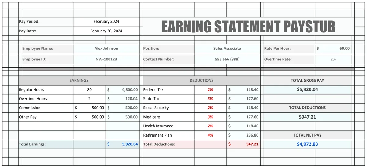 Earnings Statement Paystub Template preview