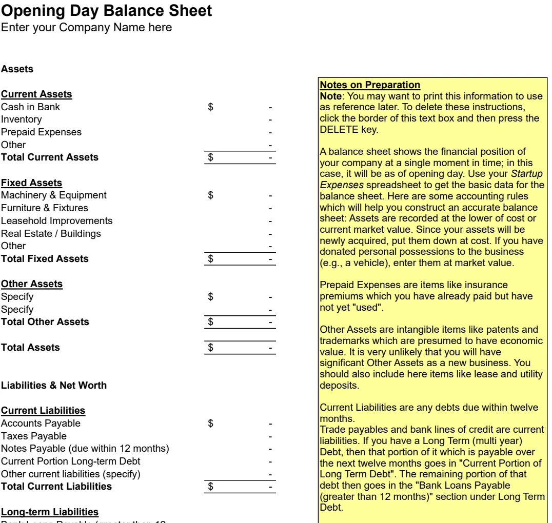 Opening Day Balance Sheet preview