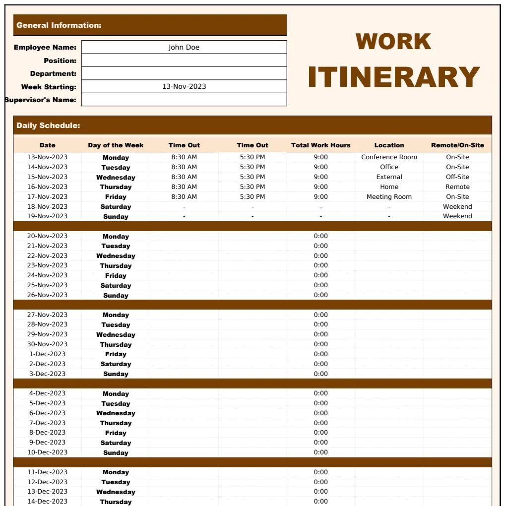 Work Itinerary Template preview