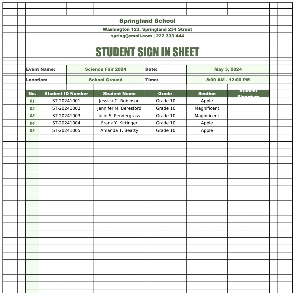 Student Sign In Sheet Template preview