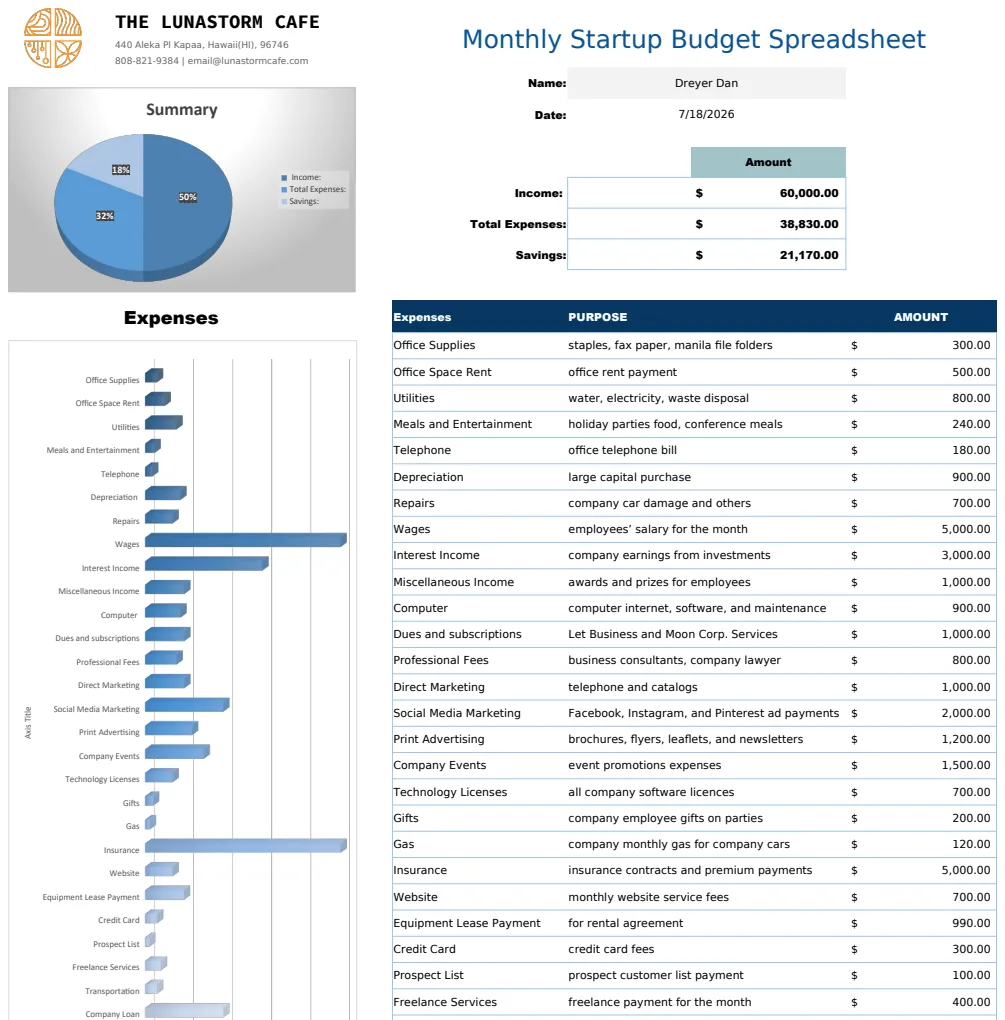 Monthly Startup Budget Spreadsheet Template preview