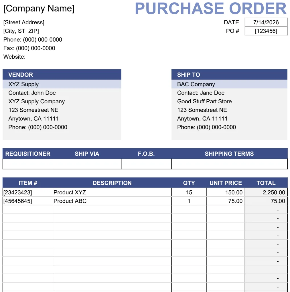 Purchase Order with Vendor & Ship-To Lists preview