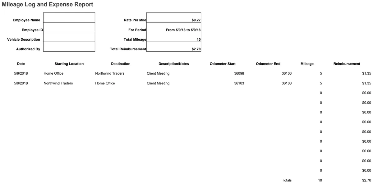 Mileage Log and Expense Report preview