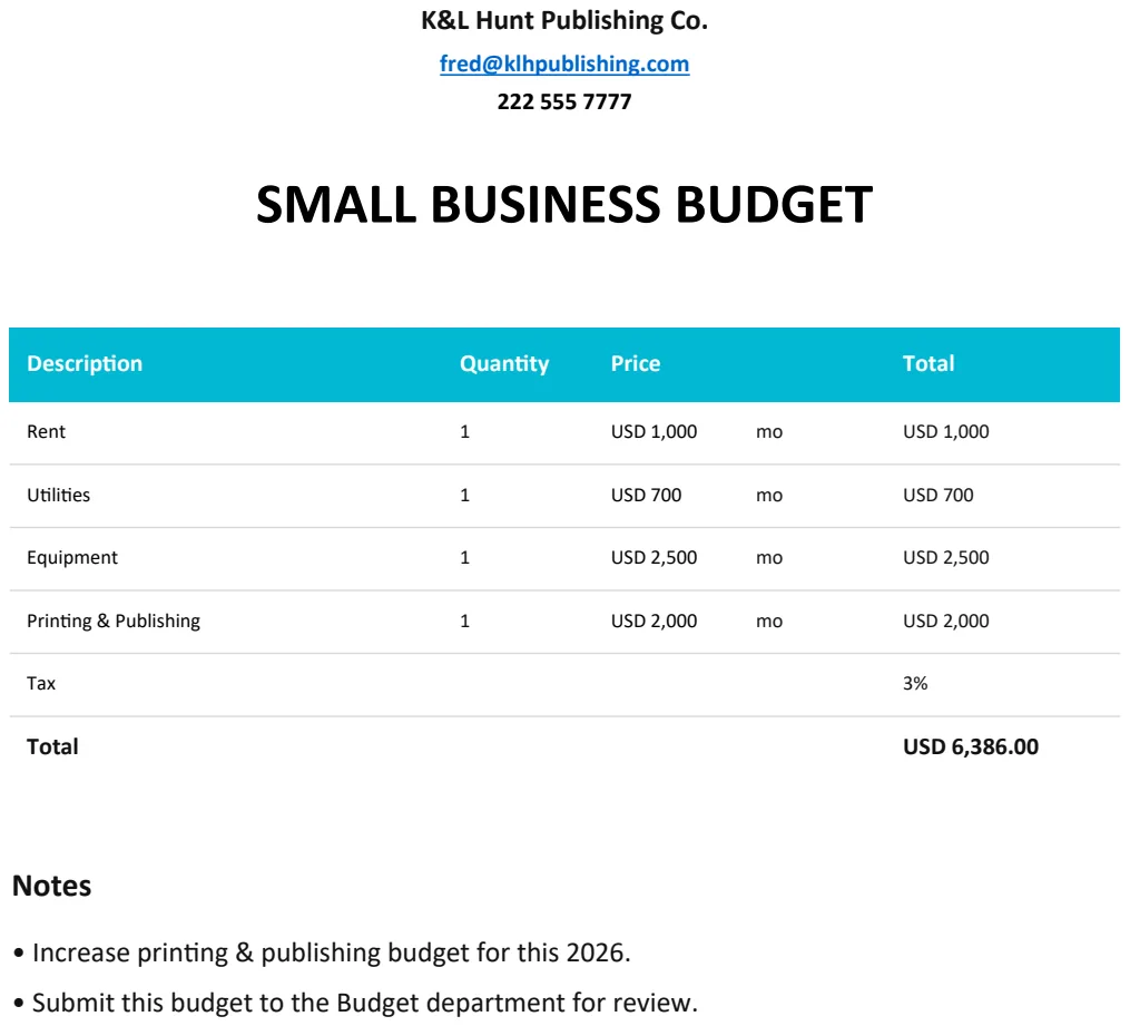 Small Business Budget Template preview