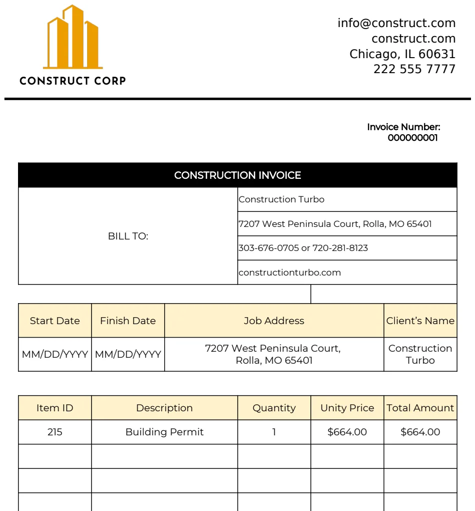 Construction Job Invoice Template preview