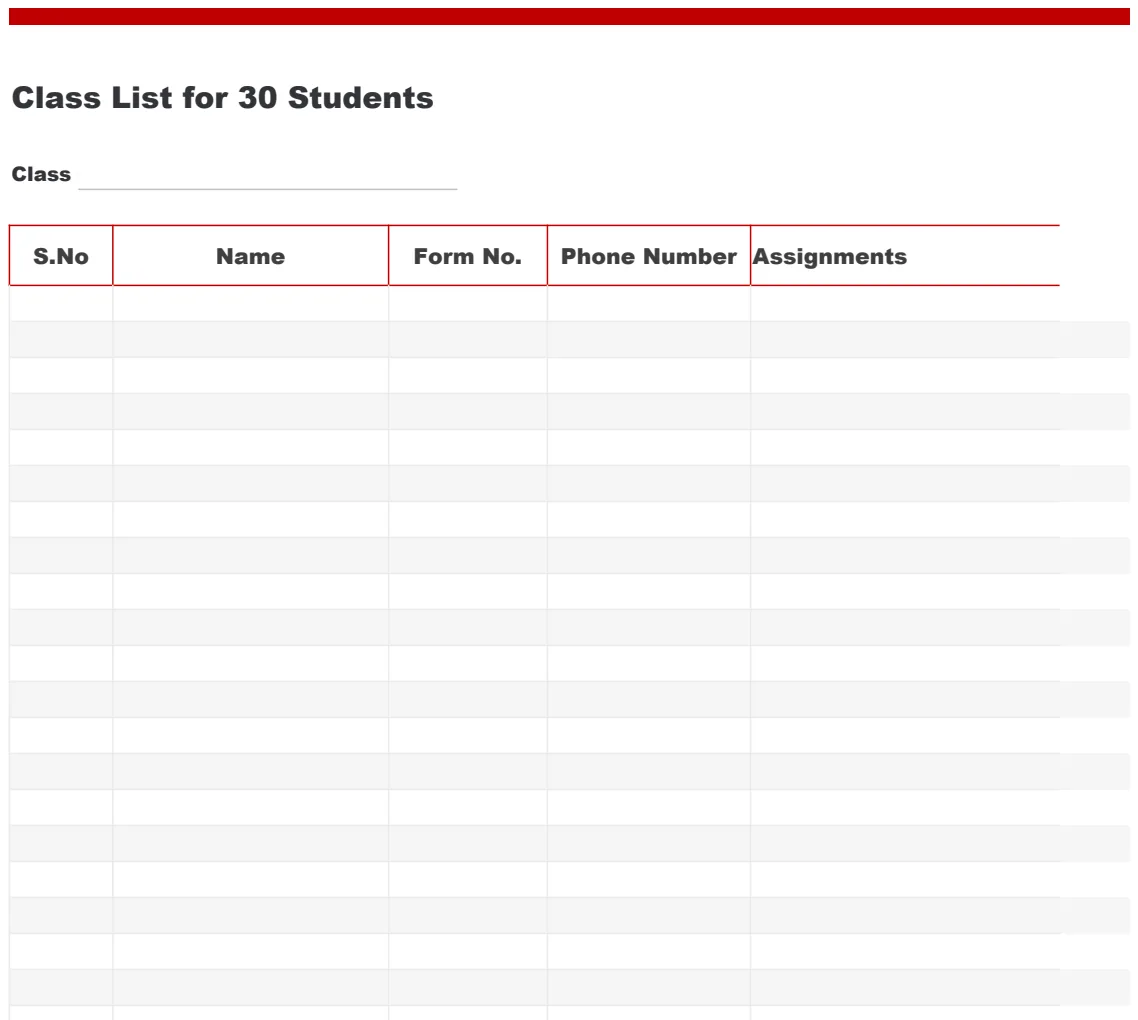 Class List Template for 30 Students preview