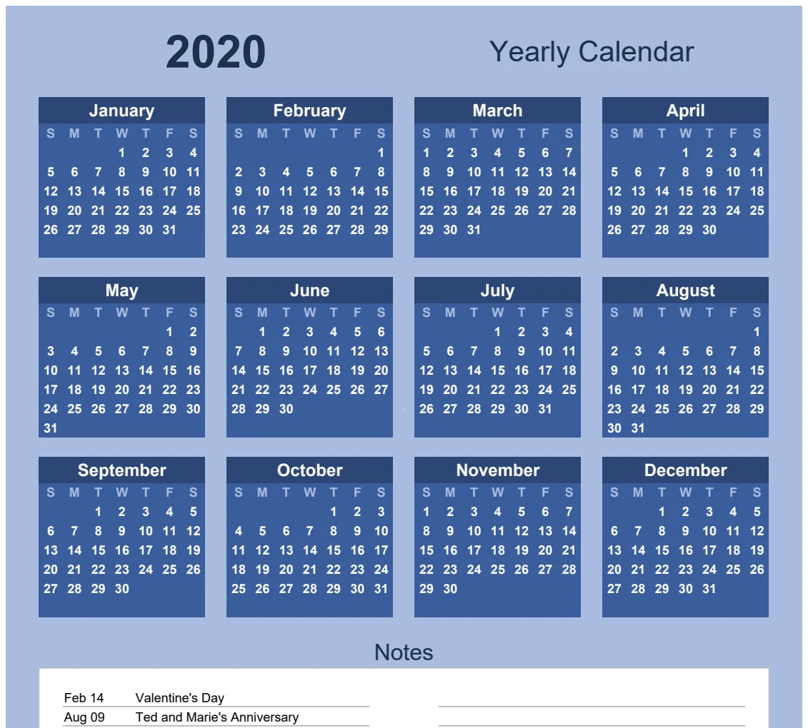 Yearly Calendar Portrait with Notes Bold Theme preview