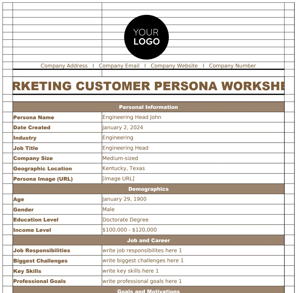 Marketing Customer Persona Worksheet Template preview