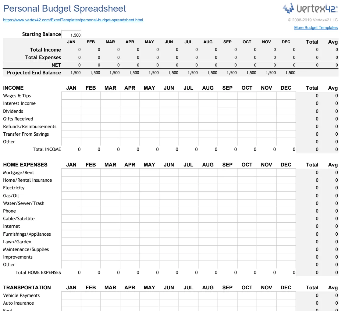 Personal Budget Spreadsheet preview