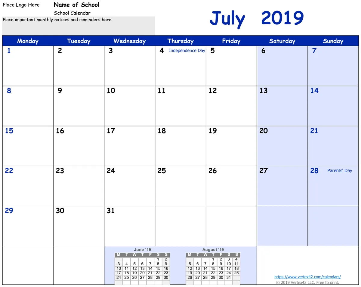 2019-2020 School Calendar (Monthly View) preview