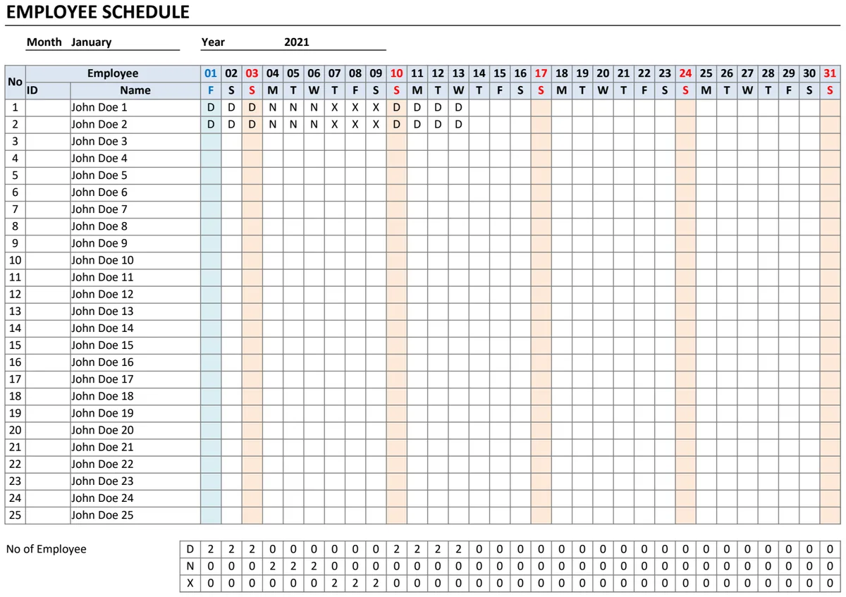Employee Schedule Template — Monthly V1.1 preview