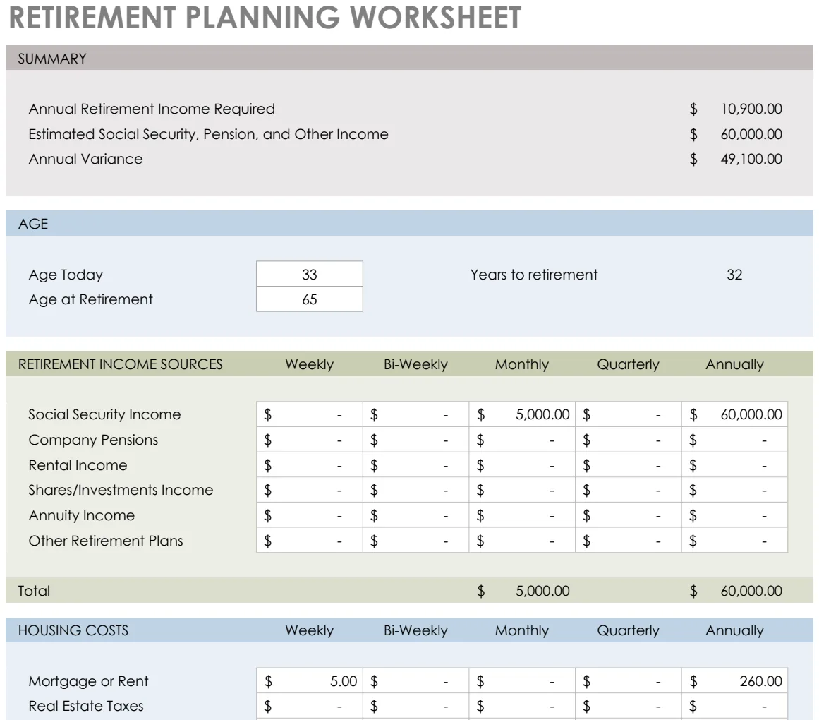 Retirement Planning Worksheet Template preview