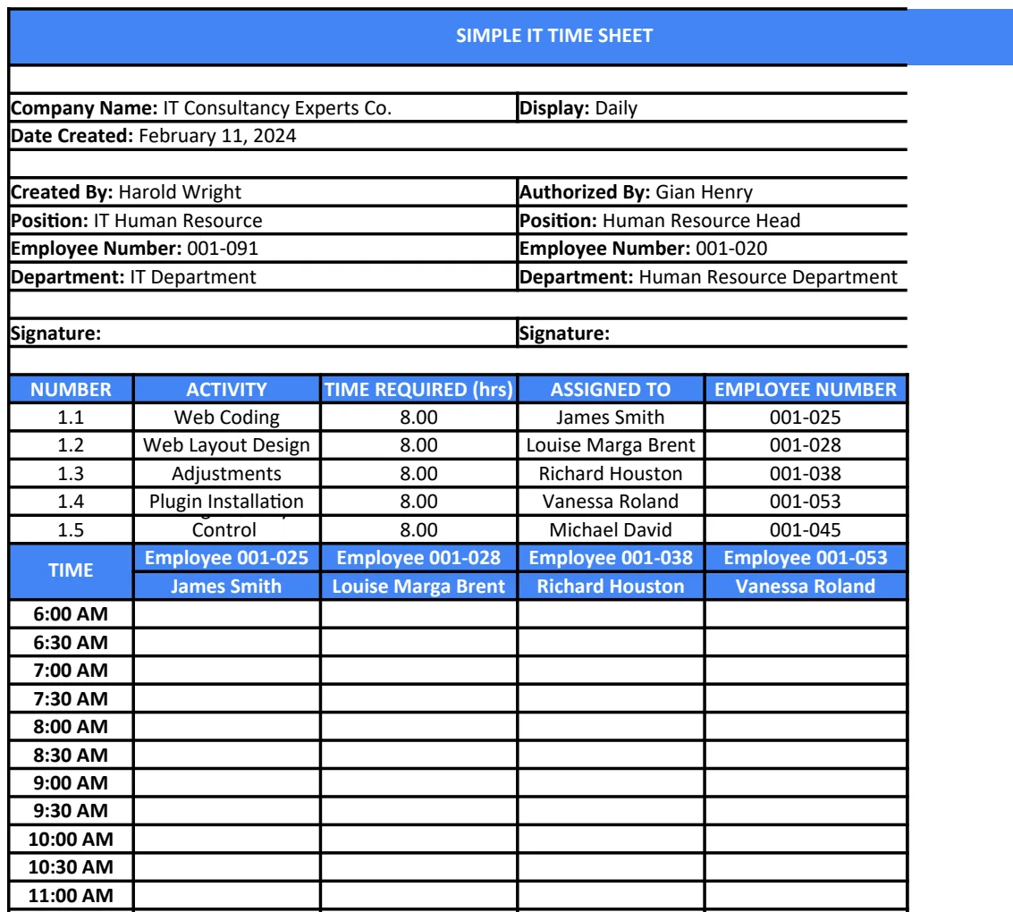 Simple IT Time Sheet Template preview