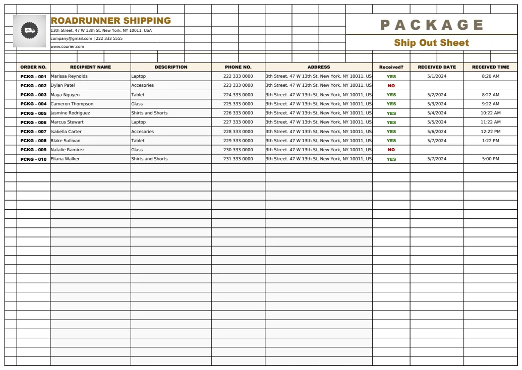 Package Sign Out Sheet Template preview