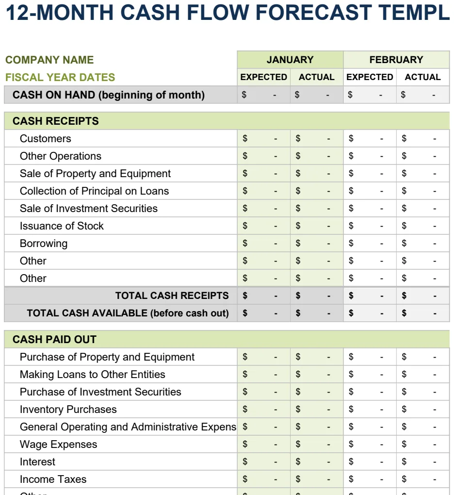 12 Month Cash Flow Forecast preview