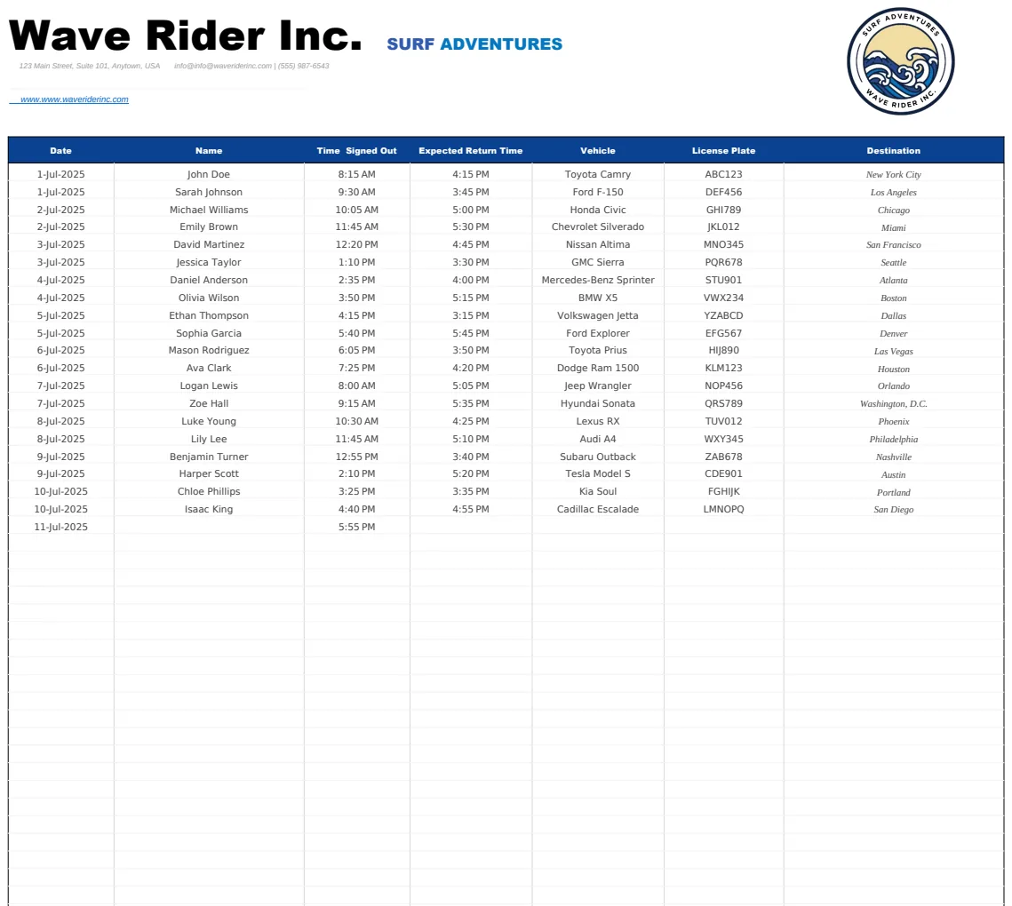 Company Car Sign Out Sheet Template preview