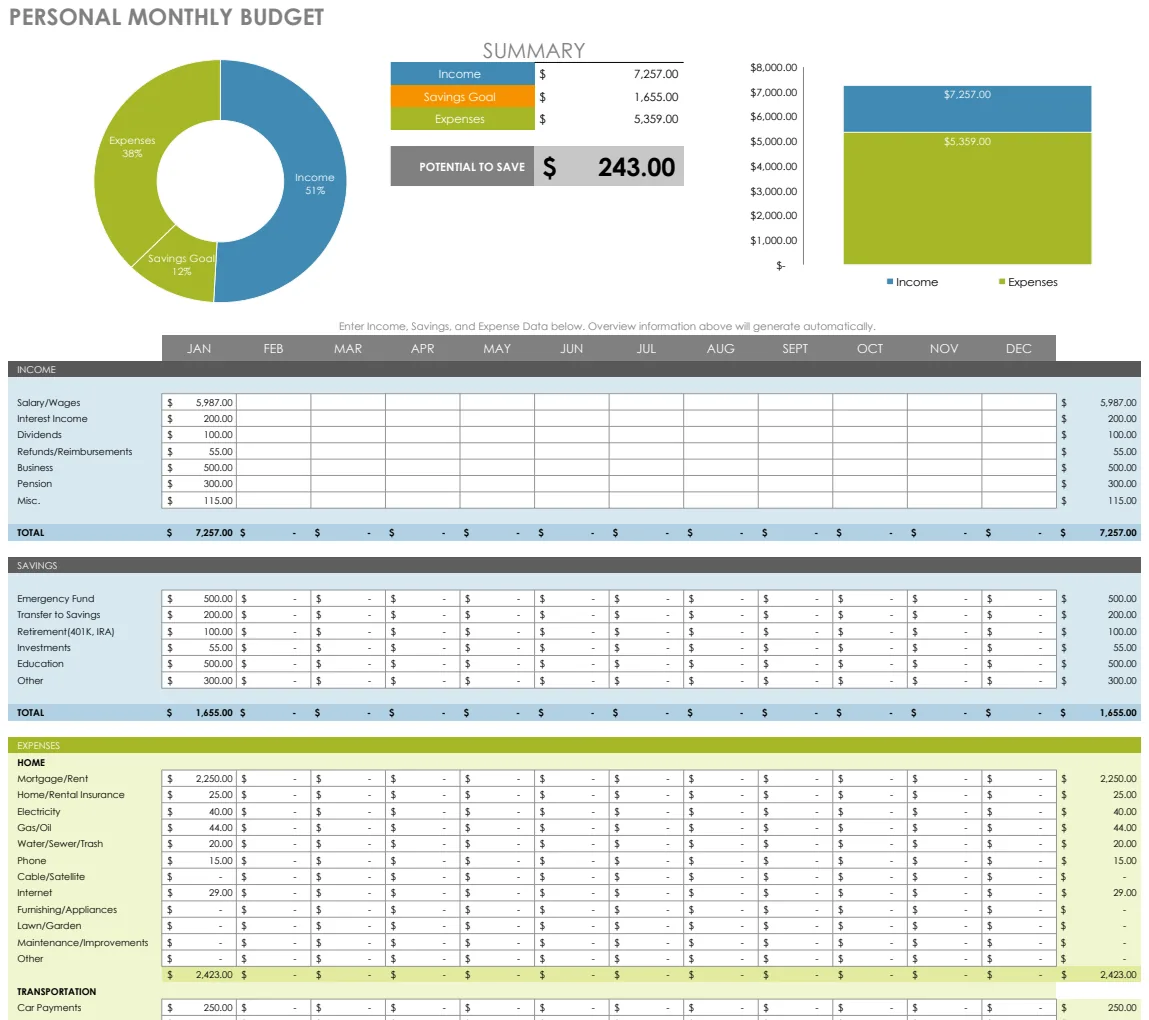 Personal Monthly Budget Template preview