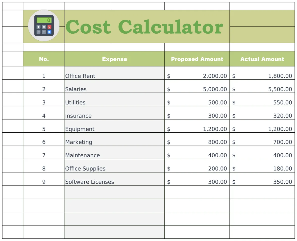 Cost Calculator Template preview