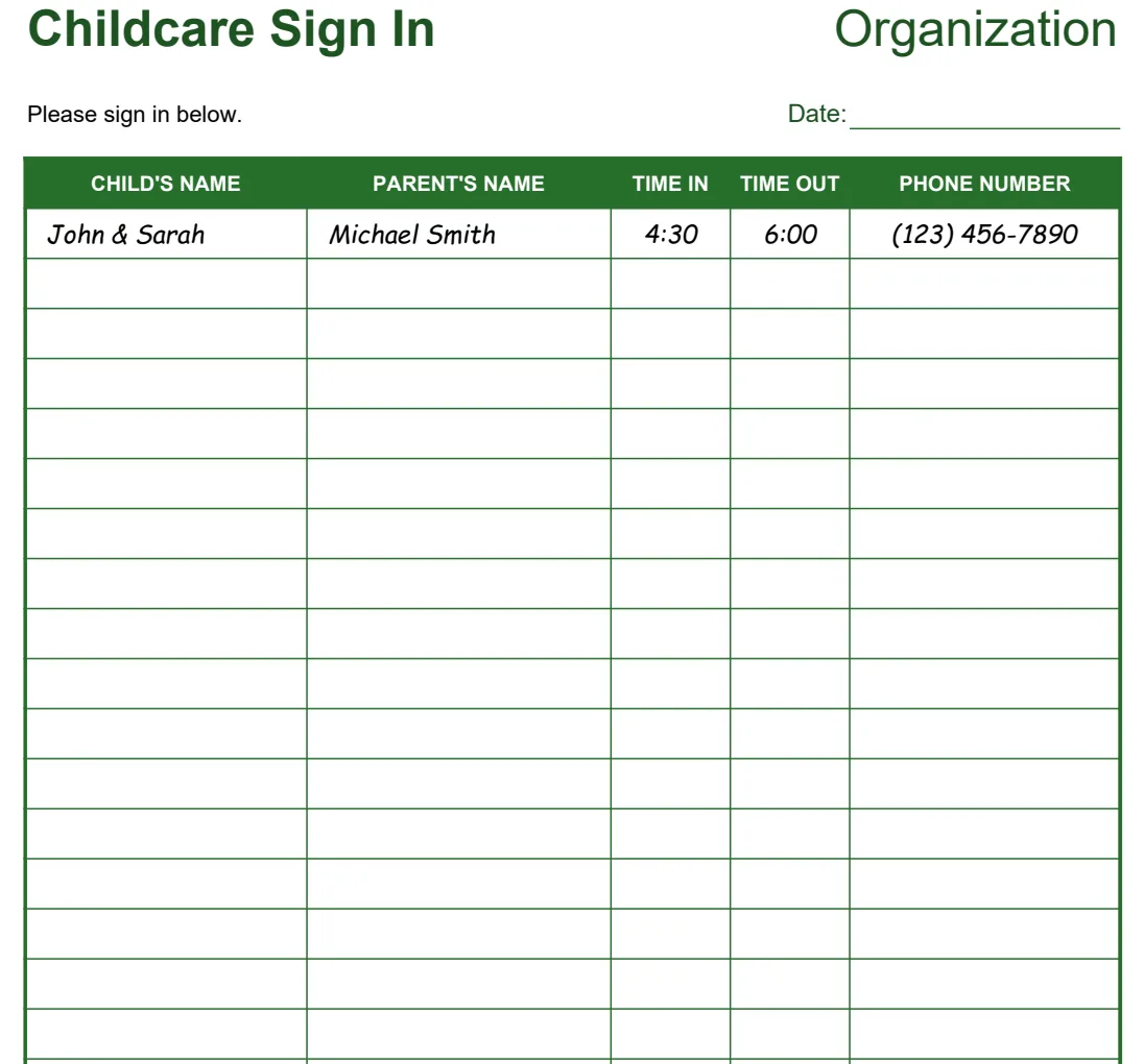 Childcare & Gym Attendance Sign In Sheet preview