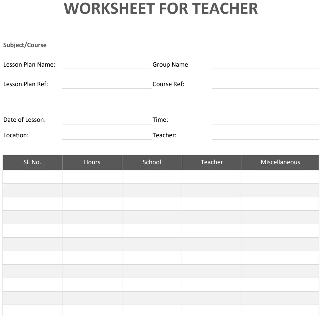Work Sheet for Teacher preview