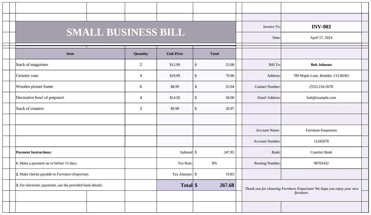 Small Business Bill Template preview
