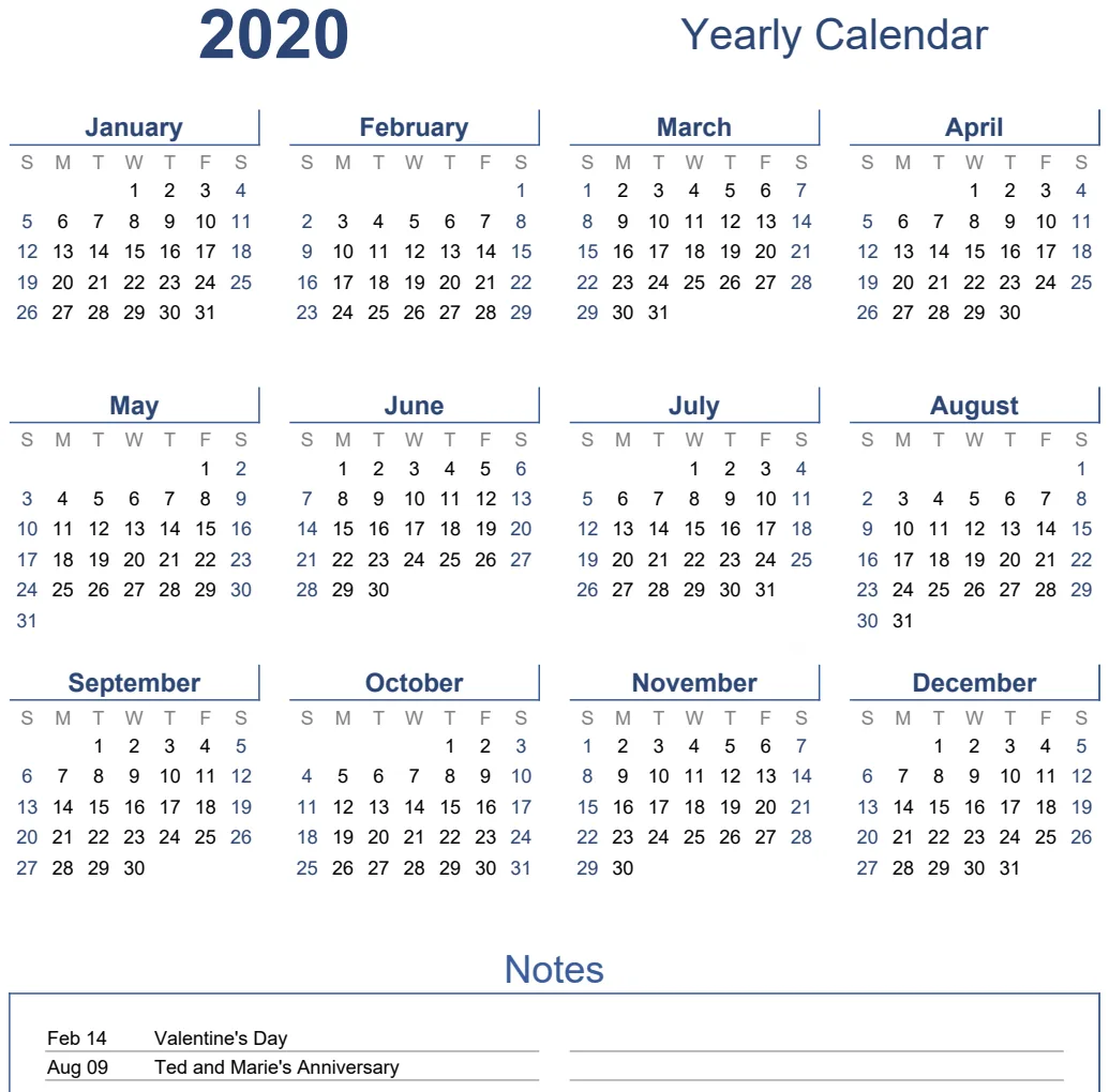 Yearly Calendar Portrait with Notes Light Theme preview