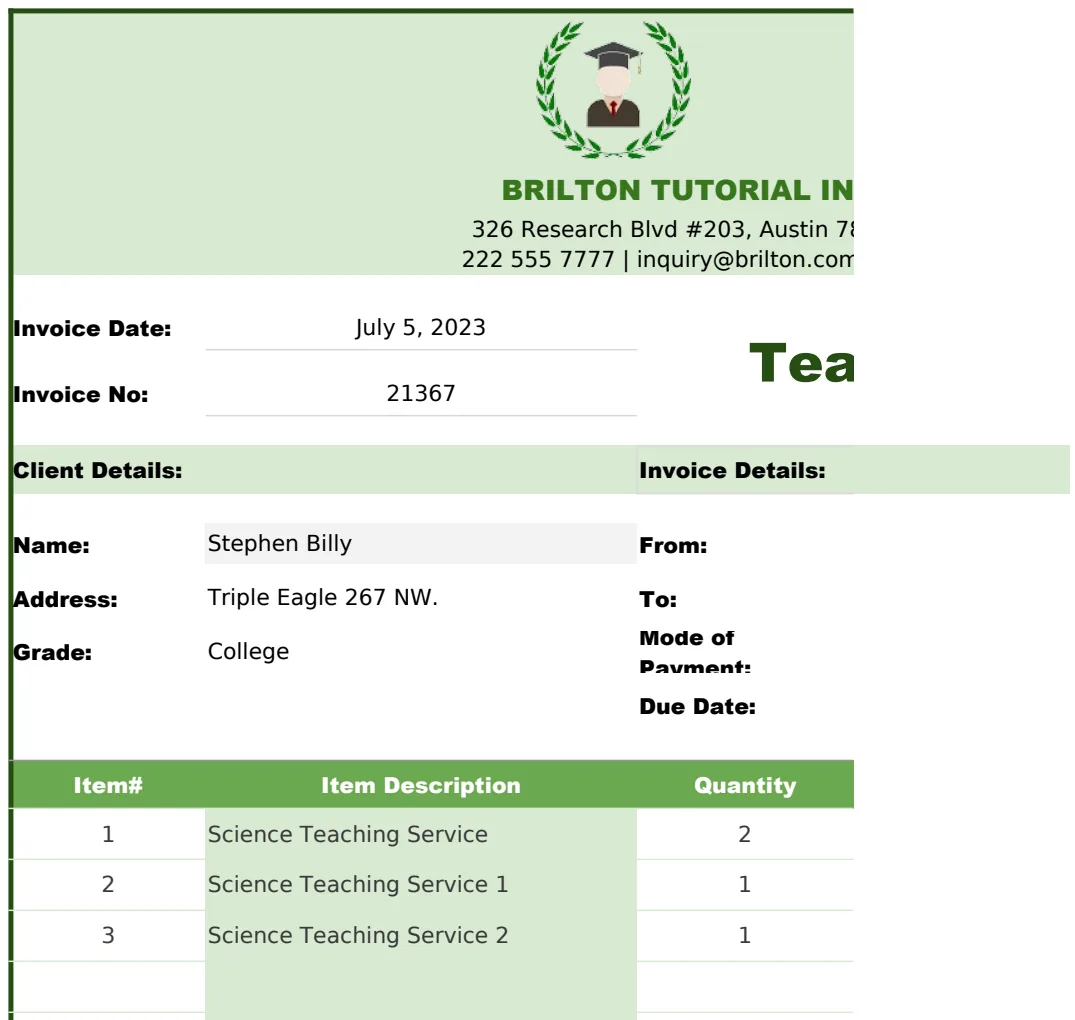 Teaching Invoice Template preview