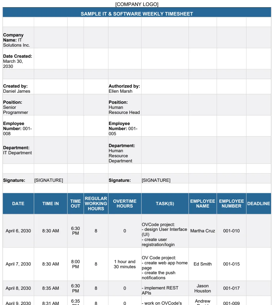 IT & Software Weekly Timesheet preview