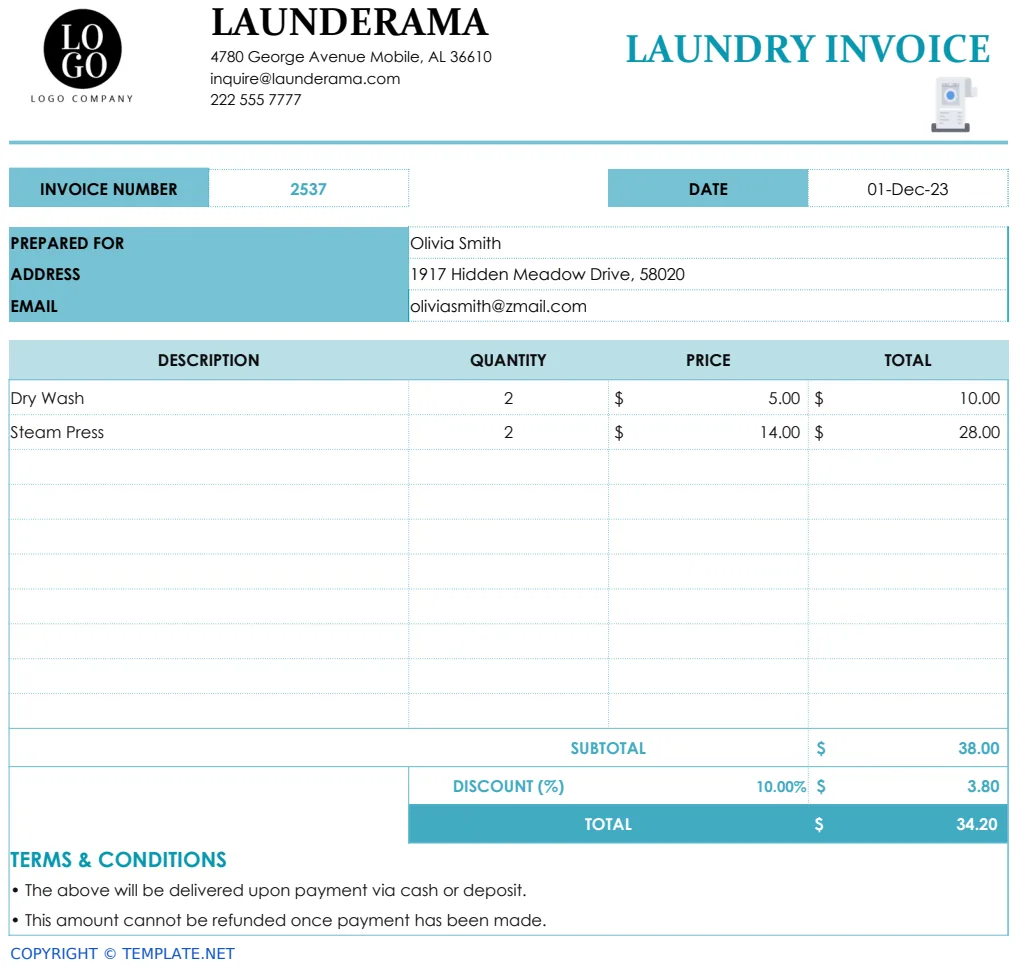 Laundry Invoice Template preview