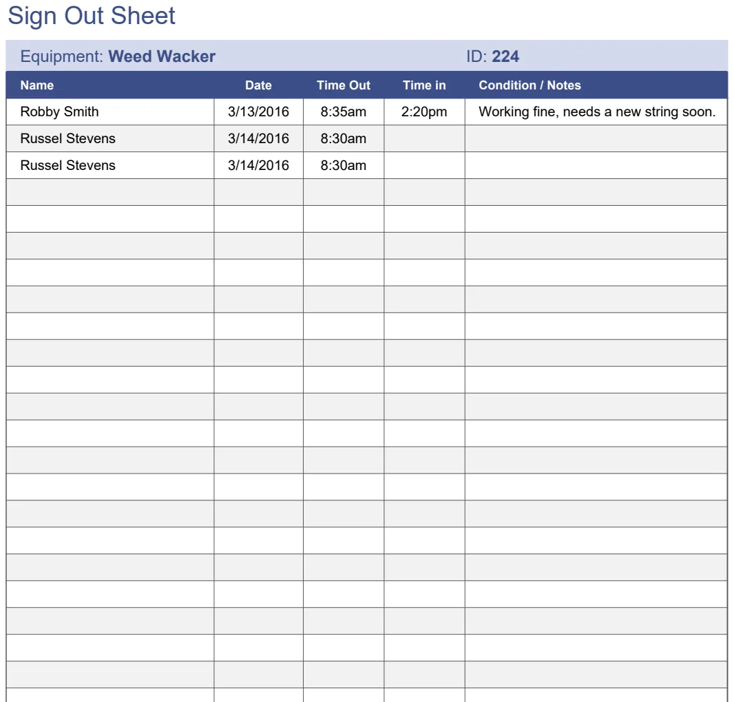 Equipment Sign Out Sheet preview