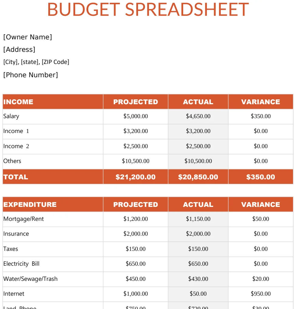 Simple Budget Spreadsheet preview