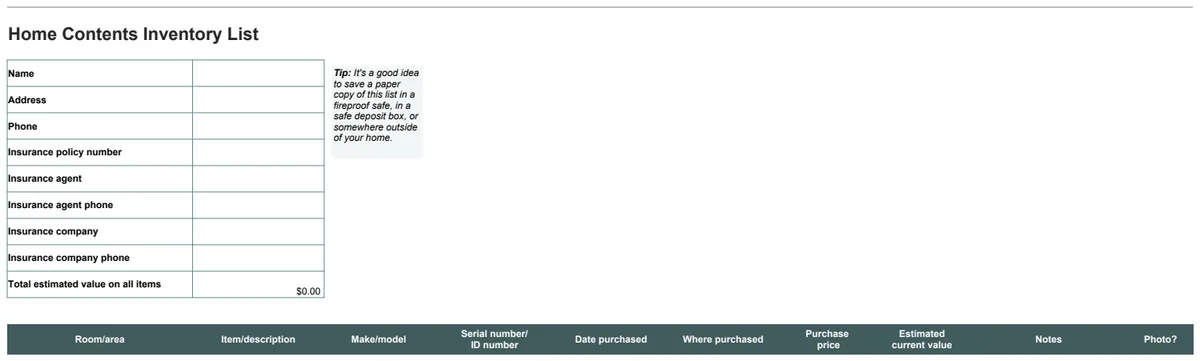 Home Contents Inventory List preview