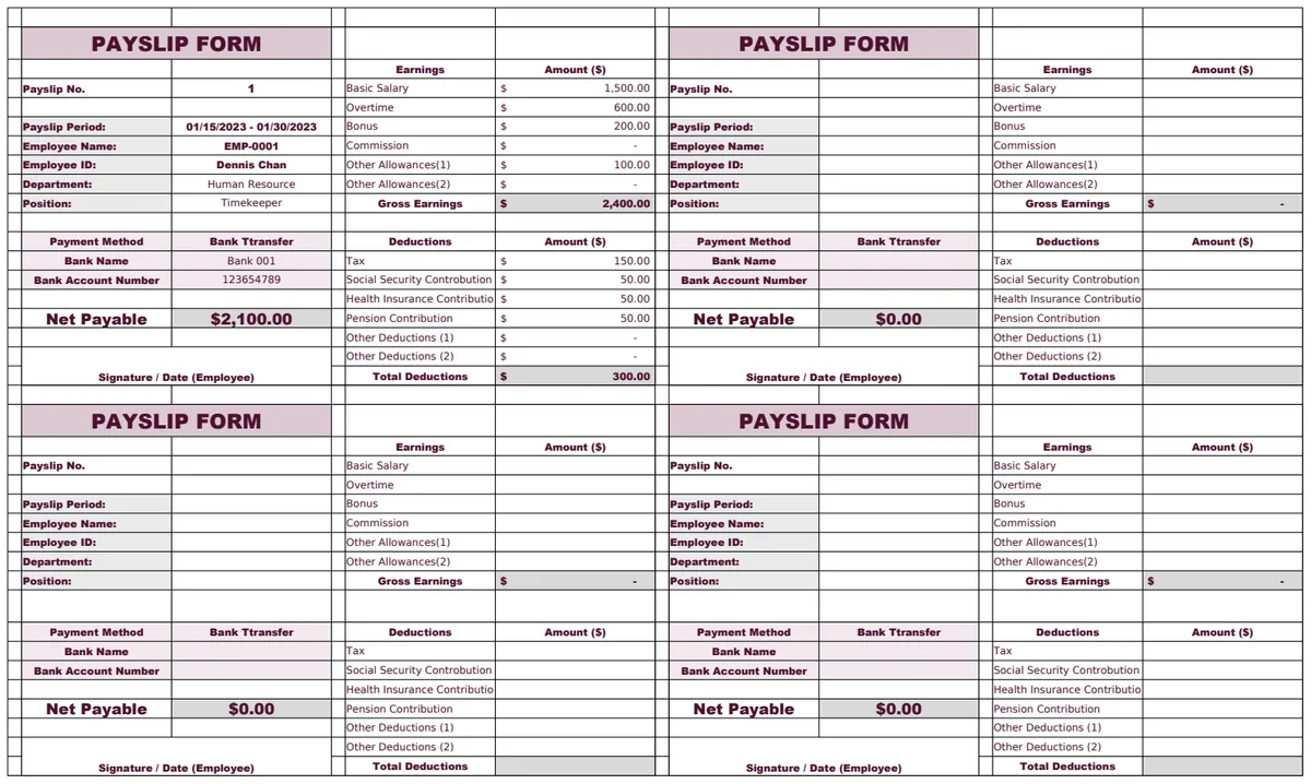 Payslip Form Template preview