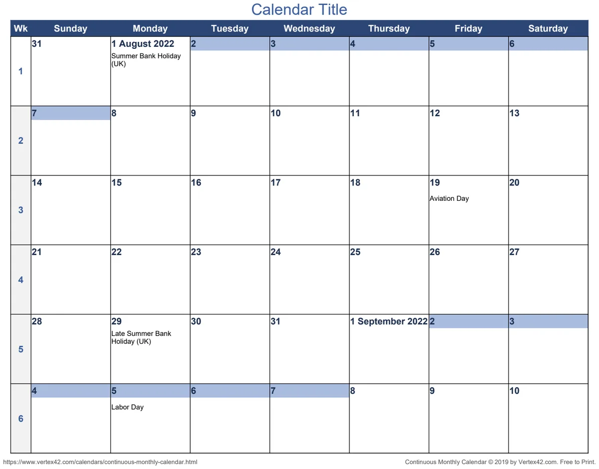 Continuous Monthly Calendar with Holidays preview