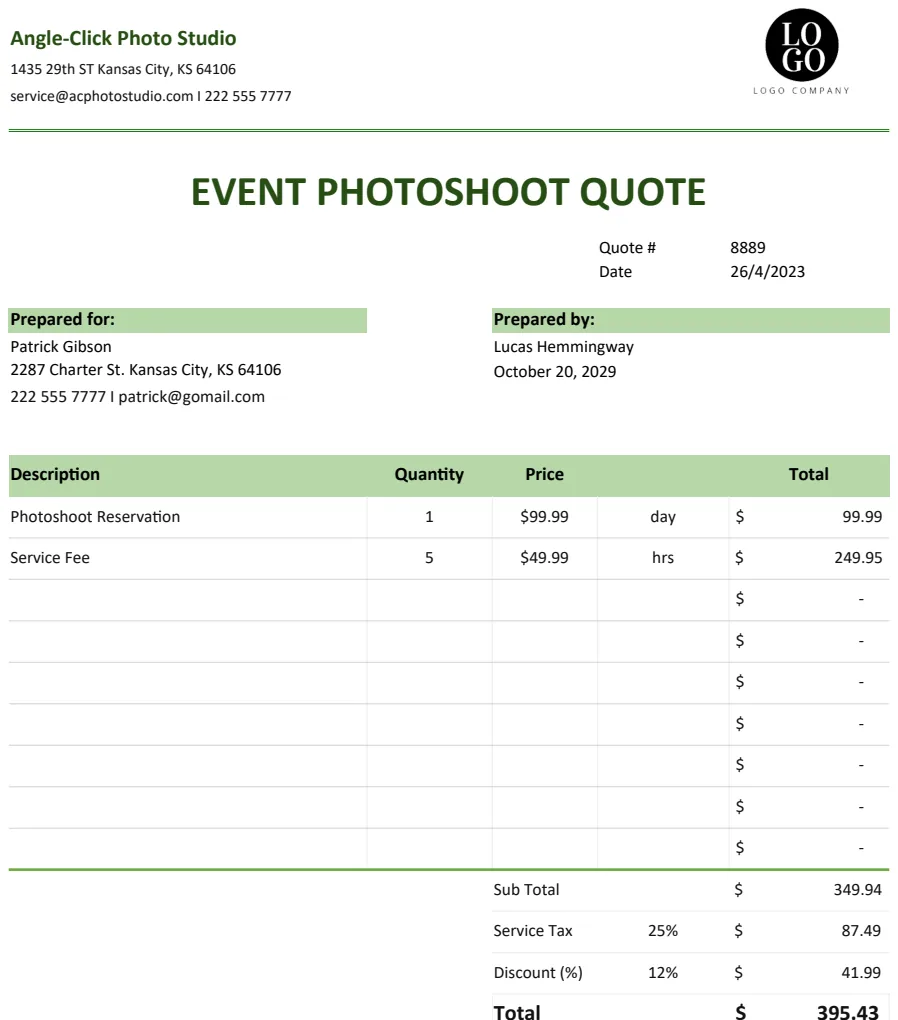 Freelance Photography Quotation preview