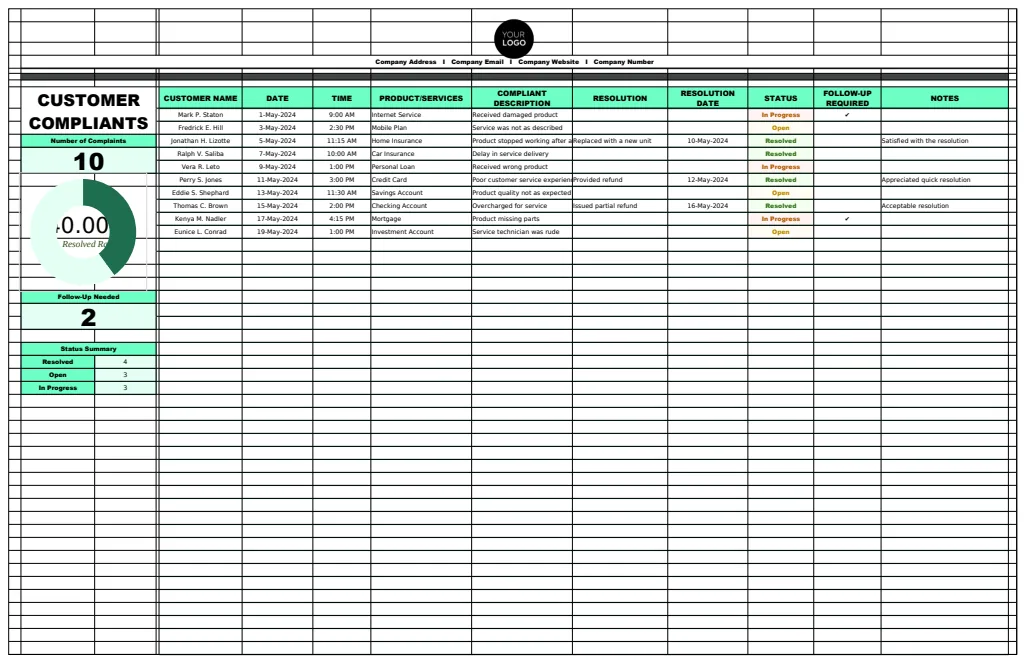 Operations Customer Complaint Tracking Template preview